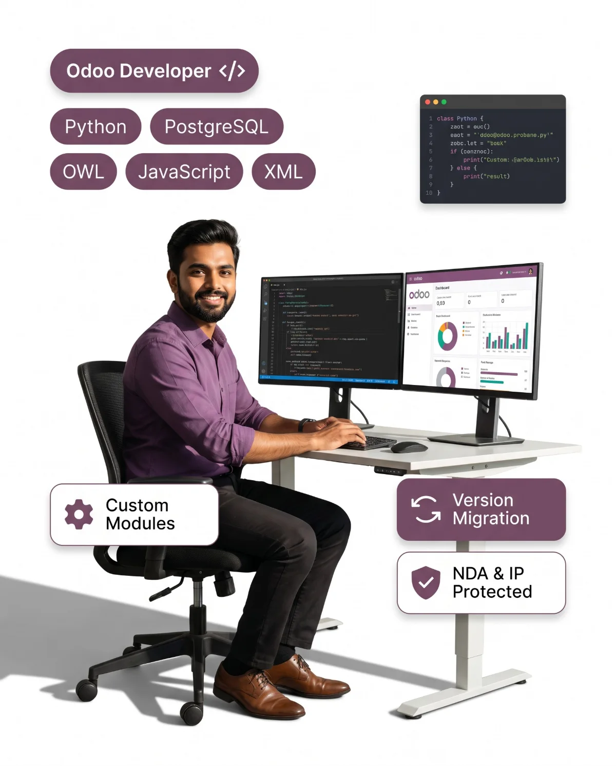 Dedicated Odoo developer from India skilled in Python, PostgreSQL and OWL